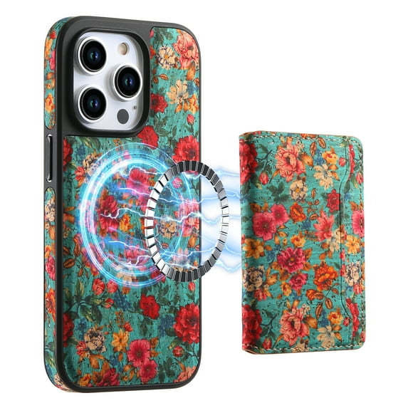 Compatible with Magsafe for iPhone 14 Pro Max Wallet Desinging Flowers Rugged Phone Case with Card Holder Kickstand RFID Blocking Flip Cover Credit Card Slots PU Leather Men Women,Blue