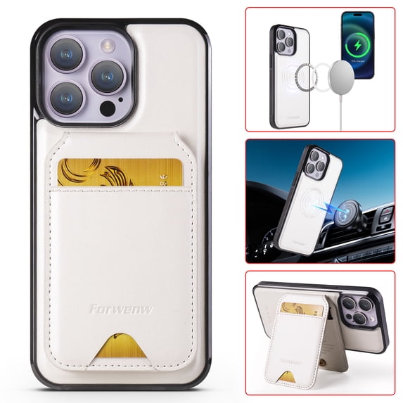 Compatible with Magsafe for iPhone 14 Pro Wallet Case Magnetic Card Holder, RFID Blocking 2 in 1 Detachable Kickstand Premium PU Leather Shockproof Back Phone Case for Women Men,White