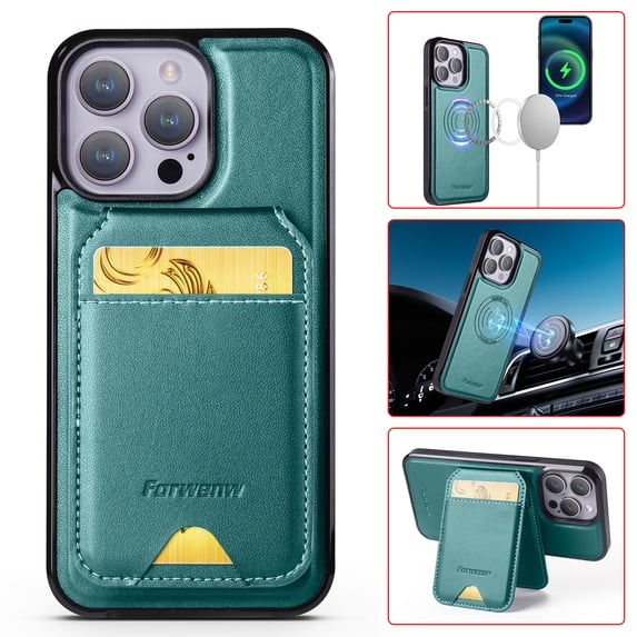 Compatible with Magsafe for iPhone 14 Pro Wallet Case Magnetic Card Holder, RFID Blocking 2 in 1 Detachable Kickstand Premium PU Leather Shockproof Back Phone Case for Women Men,Green