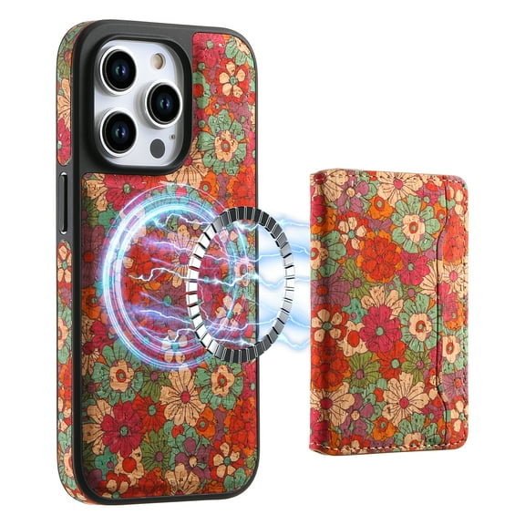 Compatible with Magsafe for iPhone 15 Plus Wallet Desinging Flowers Rugged Phone Case with Card Holder Kickstand RFID Blocking Flip Cover Credit Card Slots PU Leather Men Women,Red