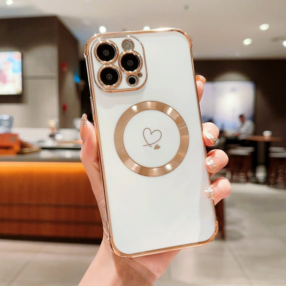 Compatible with Magsafe iPhone 15 Pro Max Case, Luxury Plating Heart with Wirless Charging & Camera Lens Protection Soft TPU Shockproof Case for iPhone 15 Pro Max (White)