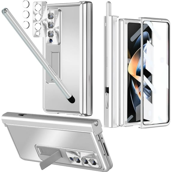 Compatible Metal Samsung Z Fold 4 Case with S Pen & Pen Holder,6 in 1 All-Inclusive Heavy Duty Protective Screen Protector Phone Case for Galaxy Z Fold 4 Stand Case,Fold 4 Case Pen Holder Silver