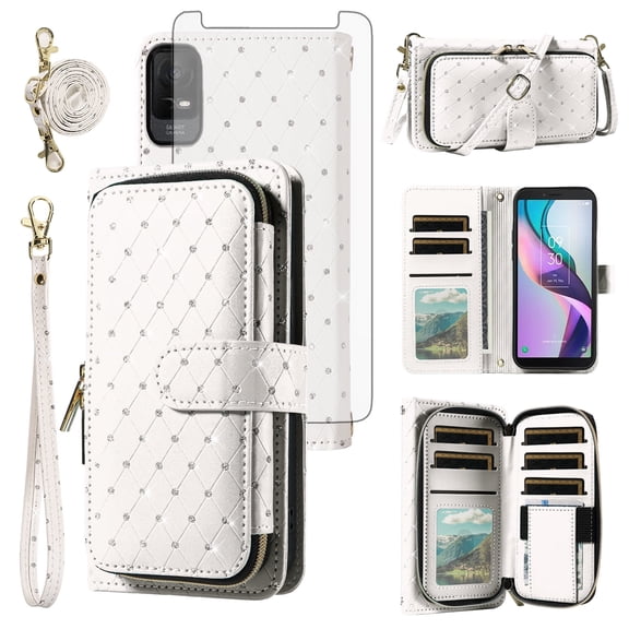 Compatible with Metro TCL Ion X/Ion V/40Z T607DL Wallet Phone Case Tempered Glass Screen Protector Bling Crossbody Lanyard Strap Flip Zipper Purse Card Holder Cell Cover for IonX T430W Women White