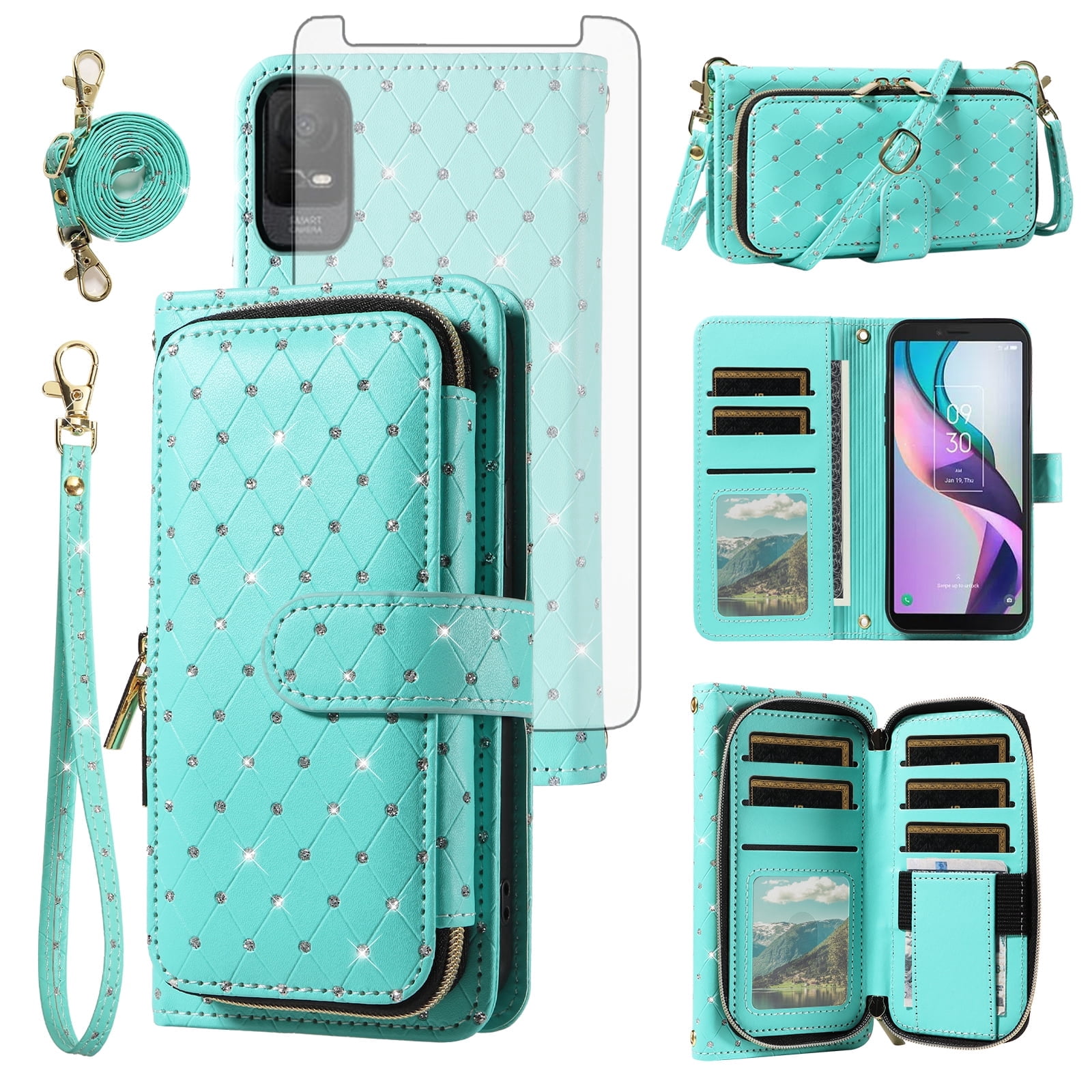 Compatible with Metro TCL Ion X/Ion V/40Z T607DL Wallet Phone Case Tempered Glass Screen Protector Bling Crossbody Lanyard Strap Flip Zipper Purse Card Holder Cell Cover for IonX T430W Women Green