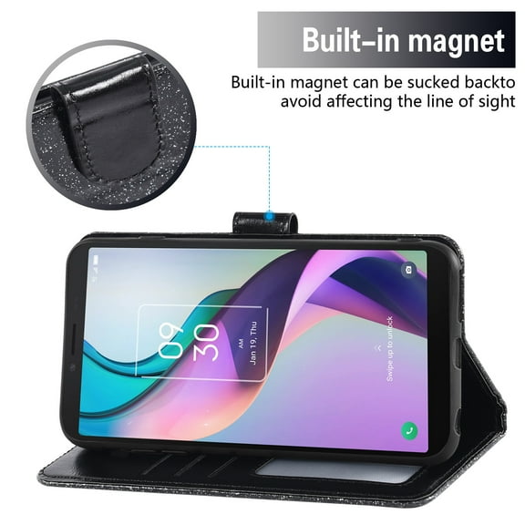 Compatible with Metro TCL Ion X/Ion V/40Z T607DL Wallet Phone Case and Tempered Glass Screen Protector Flip Credit Card Holder Stand Bling Glitter Cell Cover for IonX T430W IonV 2023 Women Men Black