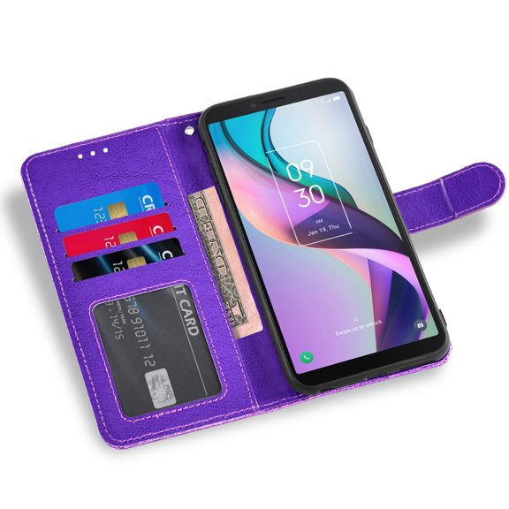 Compatible with Metro TCL Ion X/Ion V/40Z T607DL Wallet Phone Case and Tempered Glass Screen Protector Flip Credit Card Holder Stand Bling Glitter Cell Cover for IonX T430W IonV 2023 Women Men Purple