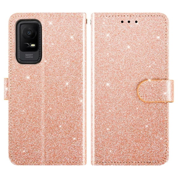 Compatible with Metro TCL Ion X/Ion V/40Z T607DL Wallet Phone Case and Tempered Glass Screen Protector Flip Credit Card Holder Stand Bling Glitter Cell Cover for IonX T430W IonV 2023 Women Men Pink