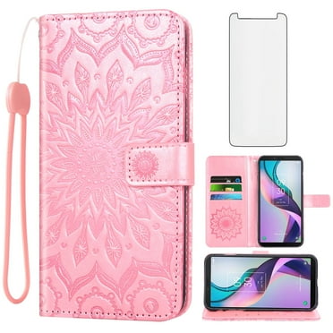 Compatible with Metro TCL Ion X/Ion V/40Z T607DL Wallet Phone Case and Tempered Glass Screen Protector Flip Credit Card Holder Stand Mandala Flower Cell Cover for IonX T430W IonV 2023 Women Pink