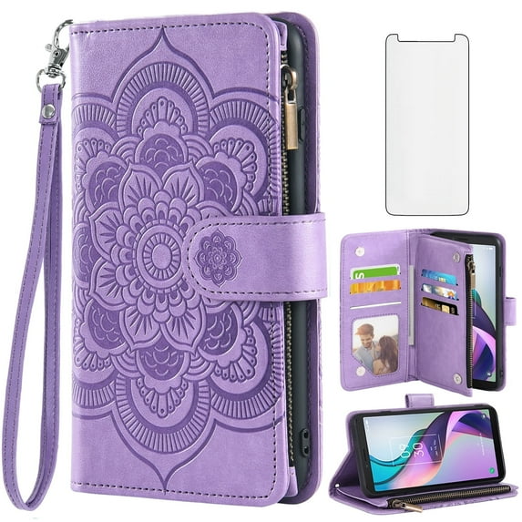 Compatible with Metro TCL Ion X/Ion V/40Z T607DL Wallet Phone Case and Tempered Glass Screen Protector Flower Faux Leather Flip Credit Card Holder Stand Zipper Cell Cover for T430W 2023 Women Purple