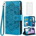 thumbnail image 1 of Compatible with Metro TCL Ion X/Ion V/40Z T607DL Wallet Phone Case and Tempered Glass Screen Protector Flower Faux Leather Flip Credit Card Holder Stand Zipper Cell Cover for T430W 2023 Women Blue, 1 of 8