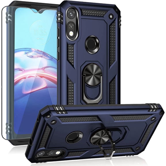 Compatible with Moto E 2020 case with HD Screen Protector,[Military Grade] Ring Car Mount Kickstand Hybrid Hard PC Soft TPU Shockproof Protective Case for Motorola Moto E (Blue)