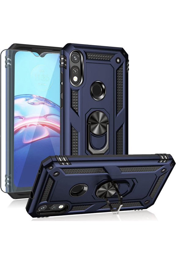 Compatible with Moto E 2020 case with HD Screen Protector,[Military Grade] Ring Car Mount Kickstand Hybrid Hard PC Soft TPU Shockproof Protective Case for Motorola Moto E (Blue)