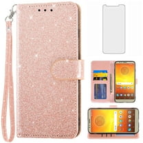 Compatible with Moto E5/G6 Play/MotoG6 Forge Wallet Phone Case and Tempered Glass Screen Protector Flip Credit Card Holder Stand Bling Glitter Cell Cover for Motorola MotoG6Play MotoE5 Women Pink