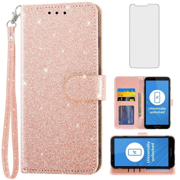 Compatible with Moto E6 Wallet Phone Case and Tempered Glass Screen Protector Flip Credit Card Holder Stand Bling Glitter Cell Cover for Motorola MotoE6 E 6th Generation Gen Moto6E 6E XT2005-5 Pink