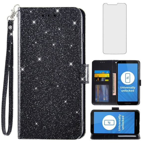 Compatible with Moto E6 Wallet Phone Case and Tempered Glass Screen Protector Flip Credit Card Holder Stand Bling Glitter Cell Cover for Motorola MotoE6 E 6th Generation Gen Moto6E 6E XT2005-5 Black