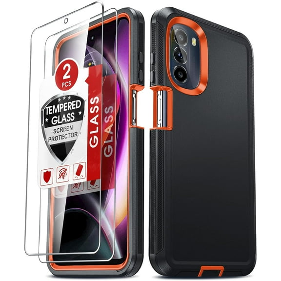 Compatible for Moto G 5G 2022 Case: with 2 PCS Screen Protector, Heavy Duty 3 in 1 Motorola Moto G 5G 2022 Phone Case, Military Grade Shockproof Phone Case Cover for Moto G 5G 2022 (Black+Orange)