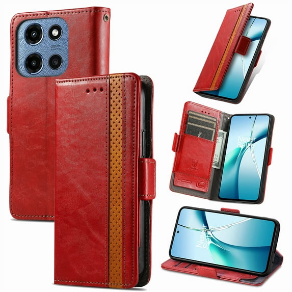 Compatible with Moto G 5G(2025) Wallet Case, Vintage PU Leather Classic Magnetic Clasp Flip Kickstand Folio Case with Card Holders RFID Blocking [Shockproof TPU Inner Shell] Phone Cover,Red