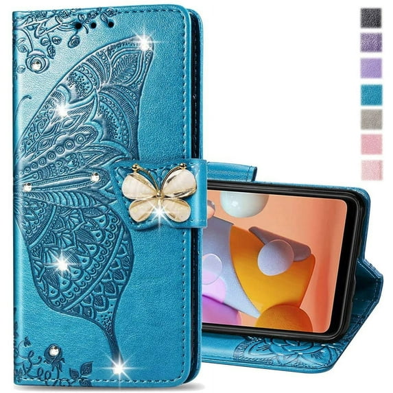 Compatible with Moto G Play 4G 2024 Wallet Case Glitter Bling with Card Holder and Stand Leather Flip Wallet Diamond Butterfly Protective Case for Motorola Moto G Play 4G 2024 Crystal Blue