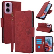 Compatible for Moto G Play 4G 2024 Wallet Case,RFID Block Flip PU Leather Phone Cover with Wrist Supports Wireless Charging with Credit Card Holder Kickstand Heavy Duty Phone Cover,Red