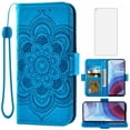thumbnail image 1 of Compatible with Moto G Power 2021 Wallet Phone Case and Tempered Glass Screen Protector Flip Credit Card Holder Stand Mandala Flower Cell Cover for Motorola GPower 21 5G Version XT2117-4 Women Blue, 1 of 9