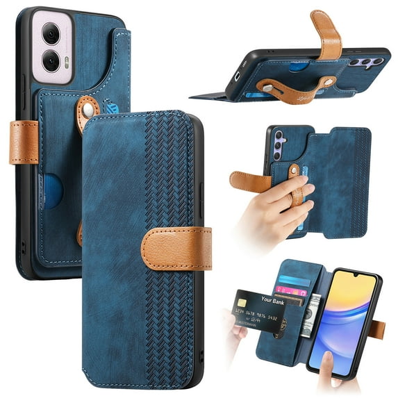 Compatible with Moto G Power 5G 2024 Wallet Case with RFID Blocking Card Holder Fashion PU Leather Contractible Wrist Kickstand Shockproof Anti-fall Flip Phone Case Cover,Blue