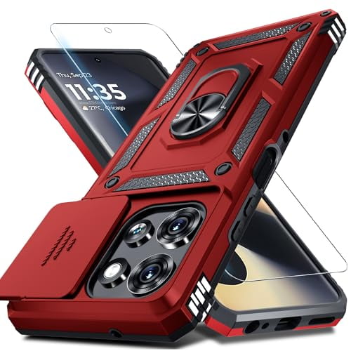 Compatible with Moto G Power 5G 2026/2025 Case Built in Slide Camera Lens Cover+Screen Protector+Finger Ring Holder Kickstand,Heavy Duty Shockproof Full Body Protective Phone Cover,Red