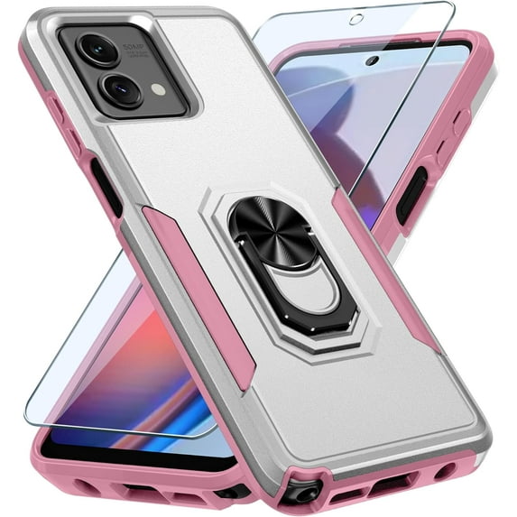 Compatible with Moto G Stylus 5G 2023 Case with Screen Protector,Heavy Duty Shockproof Full Body Phone Cover Built in Metal Ring Holder Kickstand,White