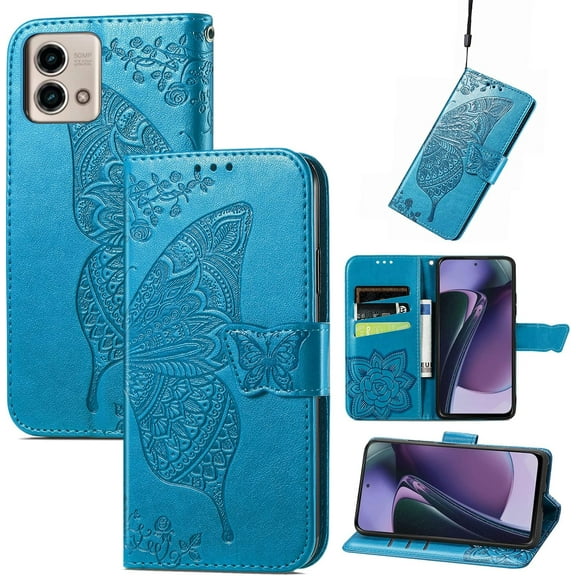 Compatible with Moto G Stylus 5G 2023 Wallet Case for Women, Leather Flip Folio with Kickstand Magnetic and Card Holder Protective Case for Moto G Stylus 5G 2023 Butterfly Blue SD