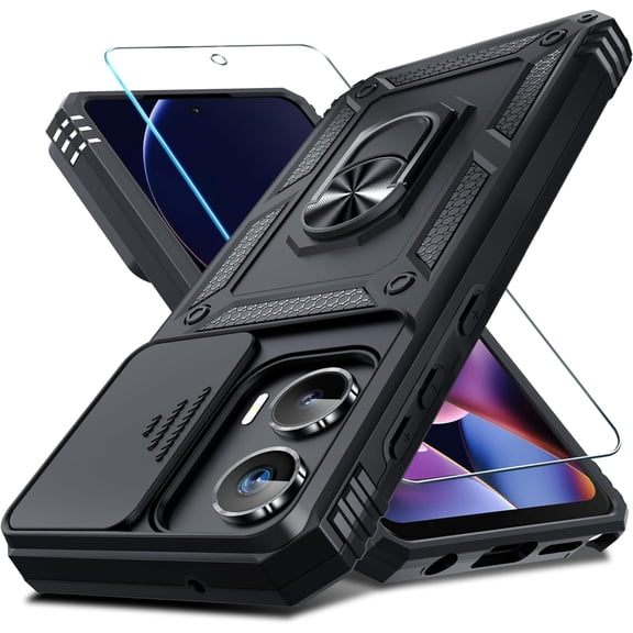Compatible with Moto G Stylus 5G 2024 Case Built in Slide Camera Lens Cover+Screen Protector+Finger Ring Holder Kickstand,Heavy Duty Shockproof Full Body Protective Phone Cover,Black