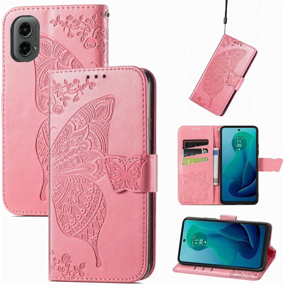 Compatible with Moto G Stylus 5G 2024 Wallet Case for Women, Leather Flip Case with Kickstand Magnetic and Card Holder Protective Phone Case for Moto G Stylus 5G 2024 Butterfly Pink SD