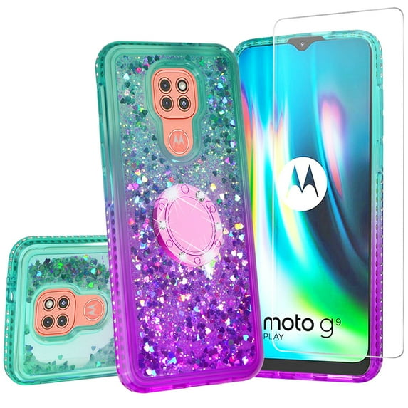 Compatible for Moto G9 Play Case, Moto E7 Plus Case Liquid Floating Quicksand with Diamond Ring Stand for Magnetic Car Mount and Lanyard - Purple on Teal