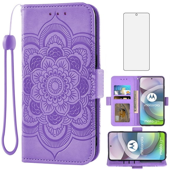 Compatible with Moto One 5G Ace/Motorola G G5 2020 Wallet Phone Case and Tempered Glass Screen Protector Flip Credit Card Holder Stand Cell Cover for MotoOne 1 One5G UW Ace 6.7 XT2113-3 Women Purple