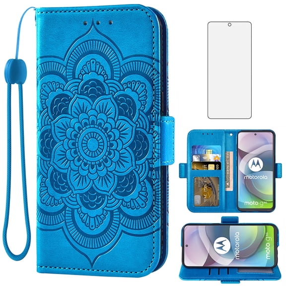 Compatible with Moto One 5G Ace/Motorola G G5 2020 Wallet Phone Case and Tempered Glass Screen Protector Flip Credit Card Holder Stand Cell Cover for MotoOne 1 One5G UW Ace 6.7 XT2113-3 Women Blue