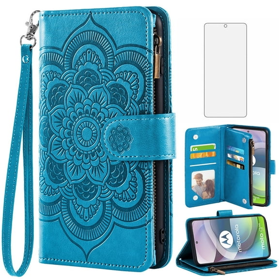 Compatible with Moto One 5G Ace/Motorola G G5 2020 Wallet Phone Case and Tempered Glass Screen Protector Flower Faux Leather Flip Credit Card Holder Stand Zipper Cell Cover Women Blue