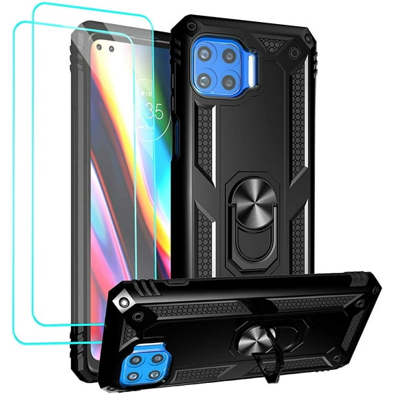 Compatible with Moto One 5G Case, Motorola One 5G UW Case, with Tempered Glass Screen Protectors, Military-Grade Metal Ring Kickstand 17ft Drop Tested Shockproof Cover Case, Black
