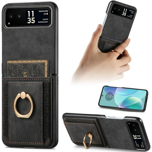 Compatible Moto Razr 2023 Case with Wallet,Motorola Razr 40 Case with Card Holder,PU Leather Thin Shockproof Cover Case for Motorola Razr 2023 Case Wallet Moto Razr 2023 Phone Case Ring Black