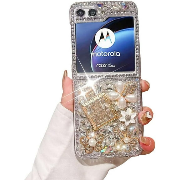 Compatible with Moto Razr 40 Ultra,Moto Razr Plus 2023 Case,3D Handmade Sparkle Stunning Stones Crystal Diamond Bling Glitter Flower Gem Fashion Phone Case for Moto Razr Plus for Women