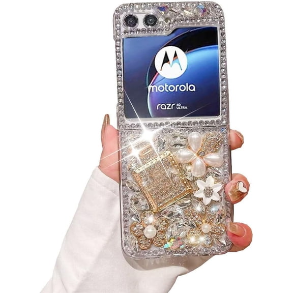 Compatible with Moto Razr 50 Ultra,Moto Razr Plus 2024 Case,3D Handmade Sparkle Stunning Stones Crystal Diamond Bling Glitter Flower Gem Fashion Phone Case for Moto Razr 50 Ultra for Women