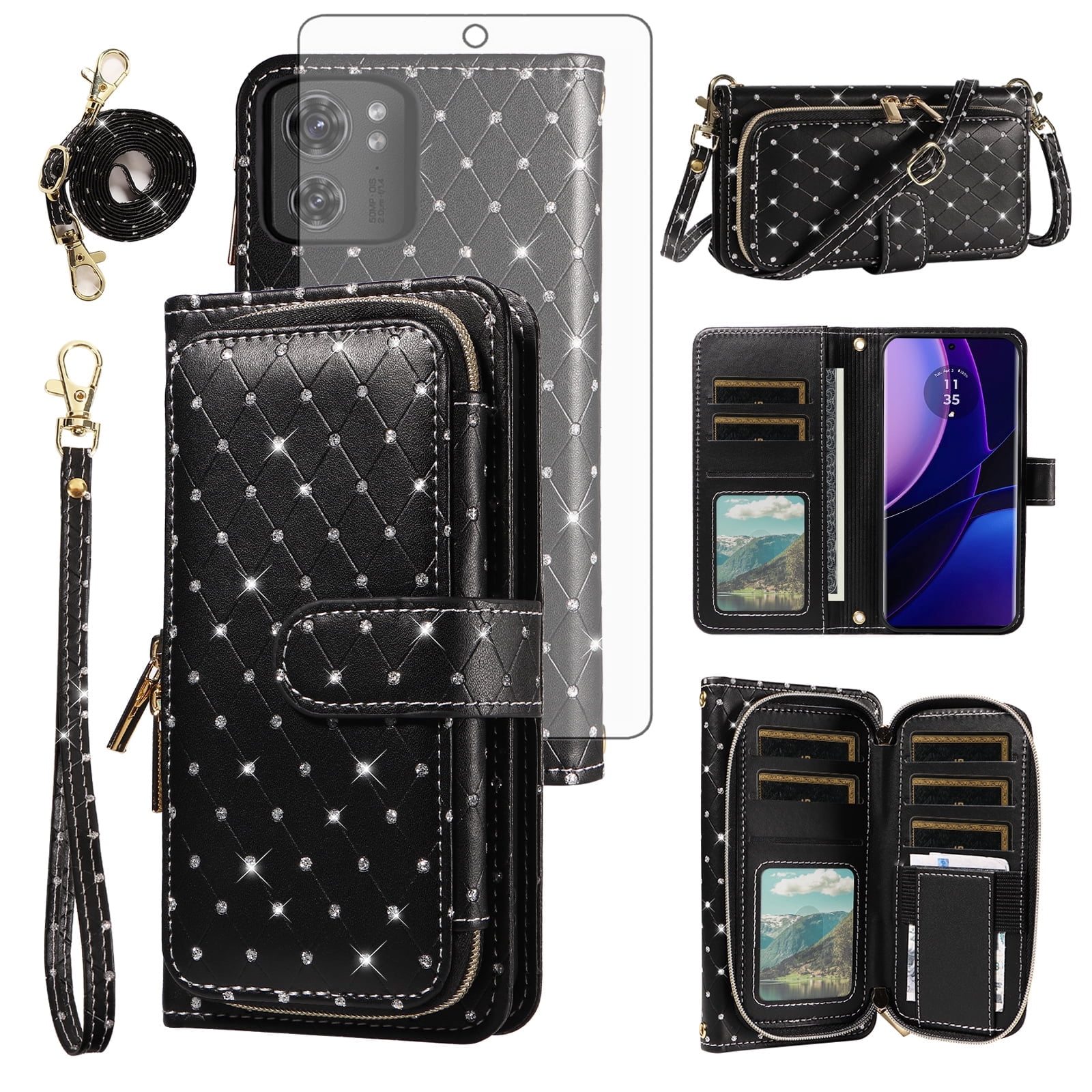Compatible with Motorola Edge 2023/Edge 40 5G Wallet Phone Case Tempered Glass Screen Protector Bling Glitter Crossbody Lanyard Strap Flip Zipper Purse Card Holder Cell Cover for Edge2023 Women Black
