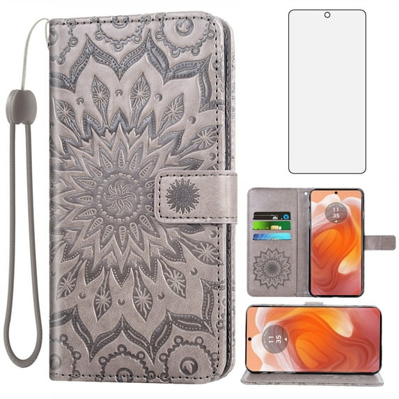 Compatible with Motorola Edge 50 Ultra/Moto X50 Ultra Wallet Phone Case and Tempered Glass Screen Protector Flip Credit Card Holder Stand Mandala Flower Cell Cover for 50 Ultra 2024 Women Men Gray