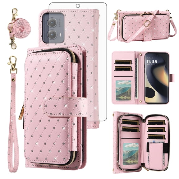 Compatible with Motorola Edge 5G 2024 Wallet Phone Case Tempered Glass Screen Protector Bling Glitter Crossbody Lanyard Strap Flip Zipper Purse Card Holder Cell Cover for Moto Edge2024 Women Pink
