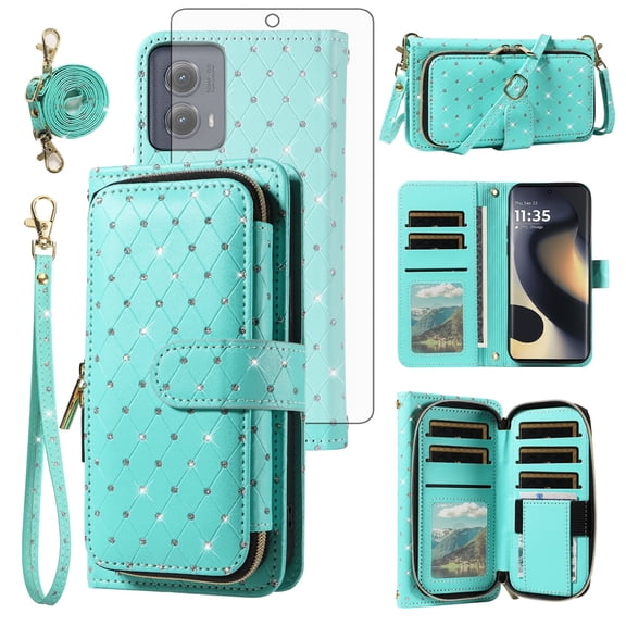 Compatible with Motorola Edge 5G 2024 Wallet Phone Case Tempered Glass Screen Protector Bling Glitter Crossbody Lanyard Strap Flip Zipper Purse Card Holder Cell Cover for Moto Edge2024 Women Green
