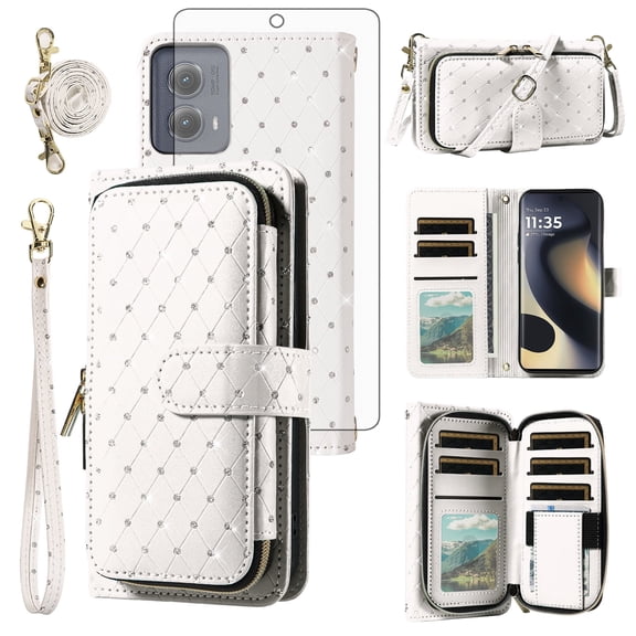 Compatible with Motorola Edge 5G 2024 Wallet Phone Case Tempered Glass Screen Protector Bling Glitter Crossbody Lanyard Strap Flip Zipper Purse Card Holder Cell Cover for Moto Edge2024 Women White