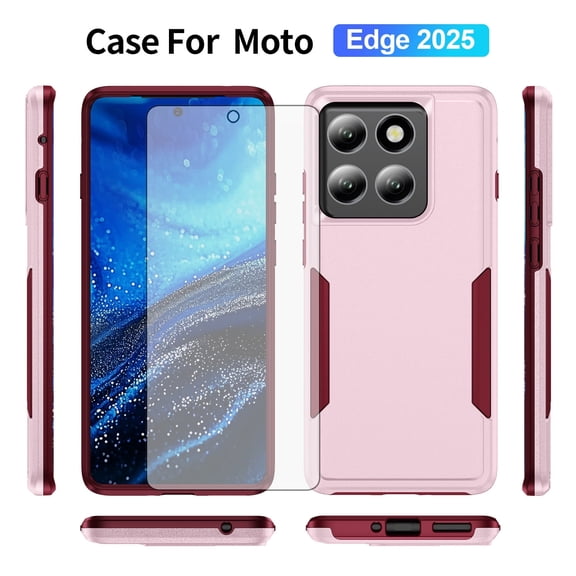 Compatible with Motorola Edge 5G 2025 Phone Case Tempered Glass Screen Protector Hybrid Rugged Shockproof Hard Protective Drop Proof Full Body Heavy Duty Mobile Cell Cover for Edge2025 Women Men Pink