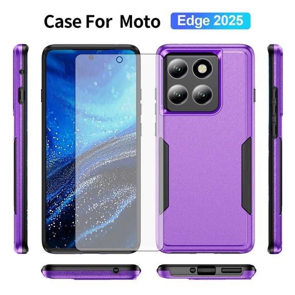 Compatible with Motorola Edge 5G 2025 Phone Case Tempered Glass Screen Protector Hybrid Rugged Shockproof Hard Protective Drop Proof Full Body Heavy Duty Mobile Cell Cover for Ed2025 Women Men Purple