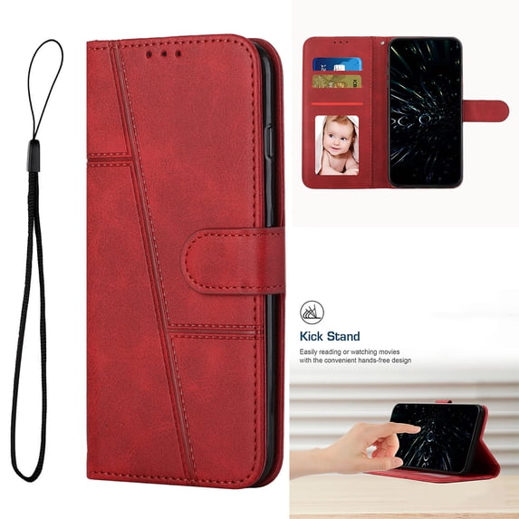 Compatible with Motorola G Pure Classic Wallet Case, and Lanyard PU Leather Flip Card Slots Holder Kickstand Cell Accessories Cover for Motorola G Pure for Women Men, Red