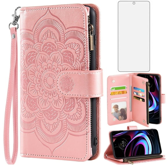 Compatible with Motorola Moto Edge 2021/MotoEdge 5G UW Wallet Phone Case and Tempered Glass Screen Protector Flower Faux Leather Flip Credit Card Holder Stand Zipper Cell Cover for XT2141-1 Pink