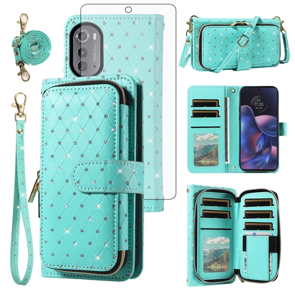 Compatible with Motorola Moto Edge 2022/Edge 5G UW 2022 Wallet Phone Case Tempered Glass Screen Protector Bling Glitter Crossbody Lanyard Strap Flip Zipper Purse Card Holder Cell Cover Women Green