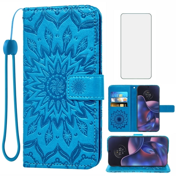 Compatible with Motorola Moto Edge 2022/MotoEdge 5G UW 2022 Wallet Phone Case and Tempered Glass Screen Protector Flip Credit Card Holder Stand Cell Cover for Gen 3 XT2205-1 XT2205-2 6.6 Blue