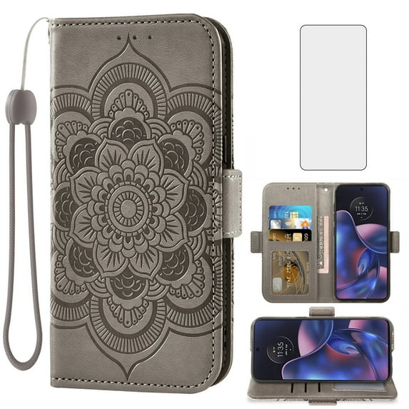Compatible with Motorola Moto Edge 2022/MotoEdge 5G UW 2022 Wallet Phone Case and Tempered Glass Screen Protector Flip Credit Card Holder Stand Mandala Flower Cell Cover for XT2205-2 6.6 Women Gray